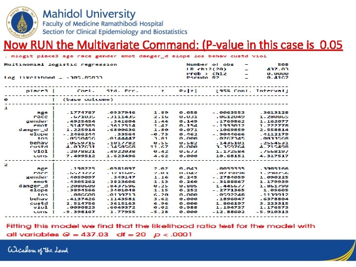 Now RUN the Multivariate Command: (P-value in this case is 0. 05 