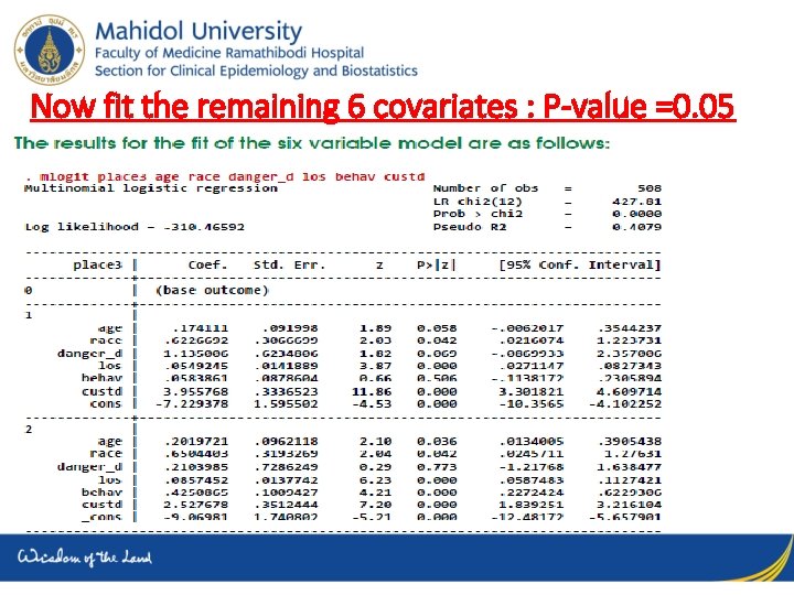 Now fit the remaining 6 covariates : P-value =0. 05 