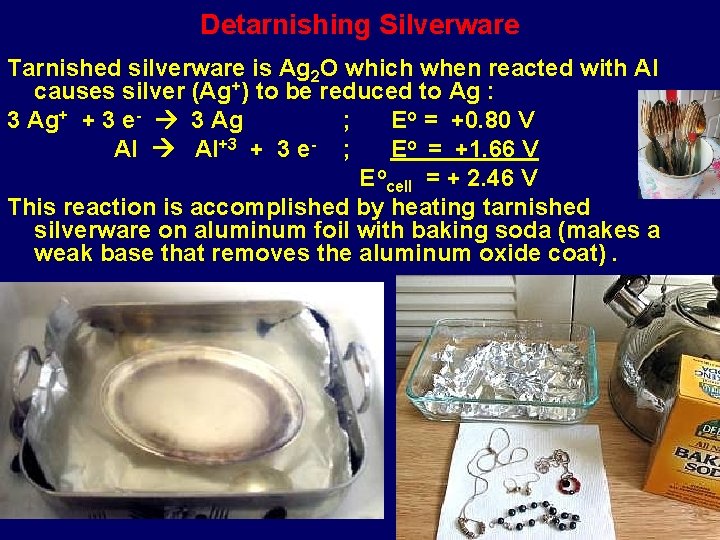 Detarnishing Silverware Tarnished silverware is Ag 2 O which when reacted with Al causes