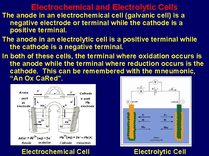 Electrochemical and Electrolytic Cells The anode in an electrochemical cell (galvanic cell) is a