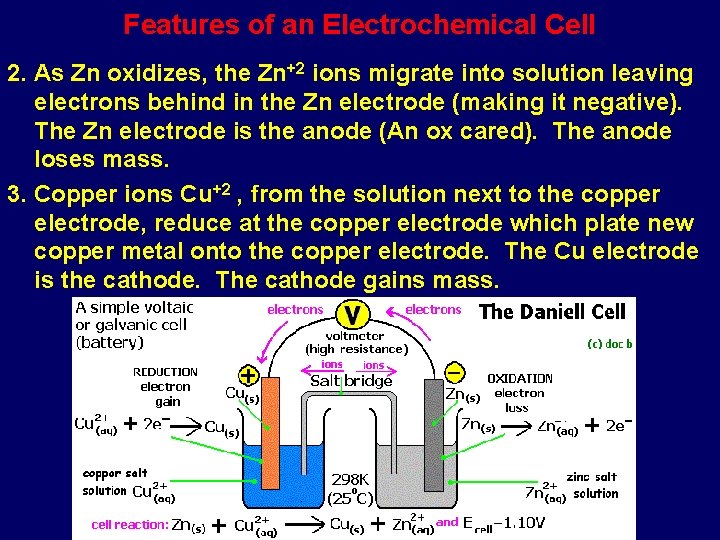 Features of an Electrochemical Cell 2. As Zn oxidizes, the Zn+2 ions migrate into