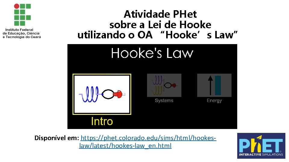 Atividade PHet sobre a Lei de Hooke utilizando o OA “Hooke’s Law” Disponível em: