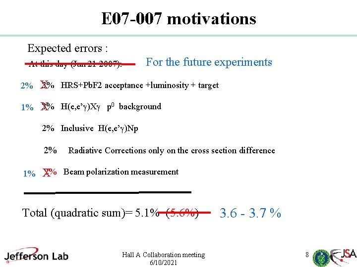 E 07 -007 motivations Expected errors : At this day (Jun 21 2007): For