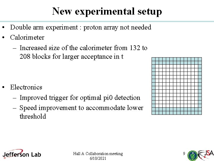 New experimental setup • Double arm experiment : proton array not needed • Calorimeter