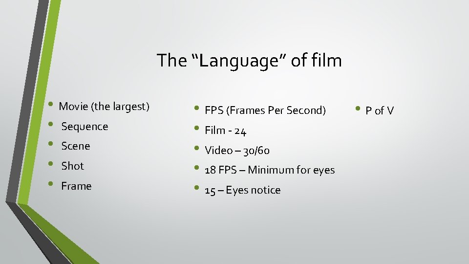 The “Language” of film • Movie (the largest) • Sequence • Scene • Shot