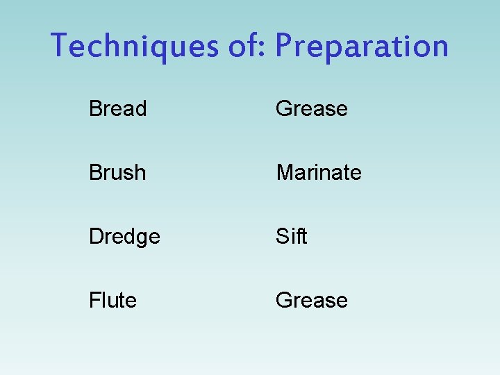 Techniques of: Preparation Bread Grease Brush Marinate Dredge Sift Flute Grease 