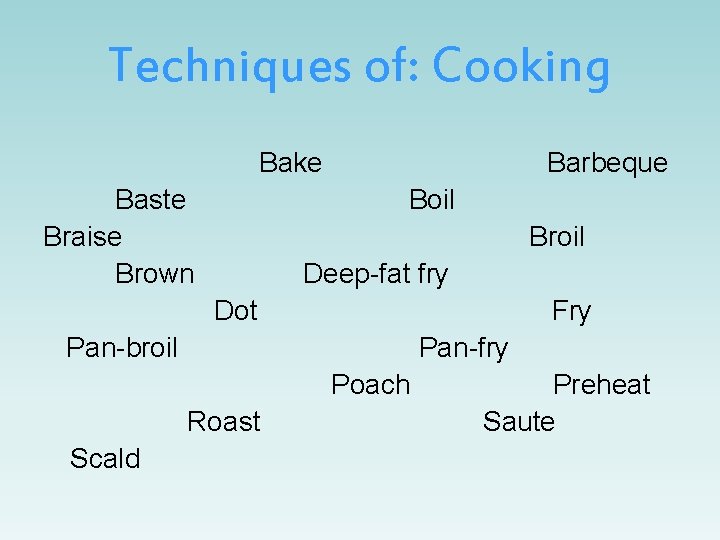 Techniques of: Cooking Bake Baste Braise Brown Barbeque Boil Broil Deep-fat fry Dot Fry