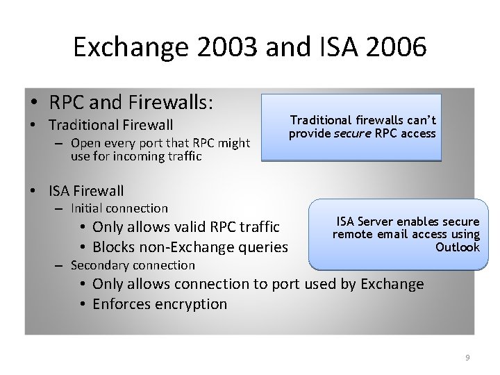 Exchange 2003 and ISA 2006 • RPC and Firewalls: • Traditional Firewall – Open