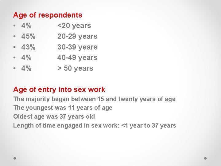 Age of respondents • 4% <20 years • 45% 20 -29 years • 43%