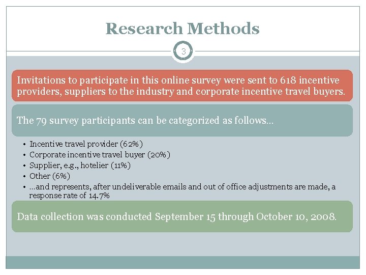 Research Methods 3 Invitations to participate in this online survey were sent to 618