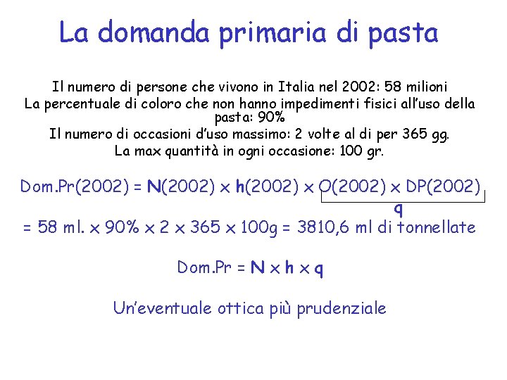 La domanda primaria di pasta Il numero di persone che vivono in Italia nel