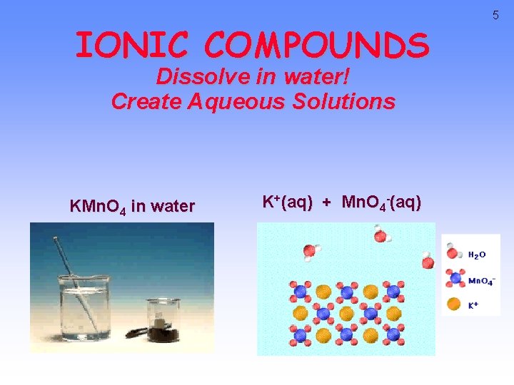 IONIC COMPOUNDS Dissolve in water! Create Aqueous Solutions KMn. O 4 in water K+(aq)