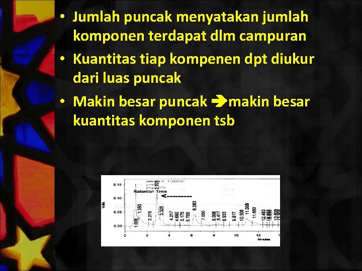  • Jumlah puncak menyatakan jumlah komponen terdapat dlm campuran • Kuantitas tiap kompenen