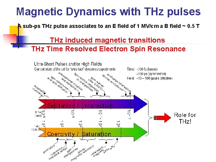 Magnetic Dynamics with THz pulses A sub-ps THz pulse associates to an E field