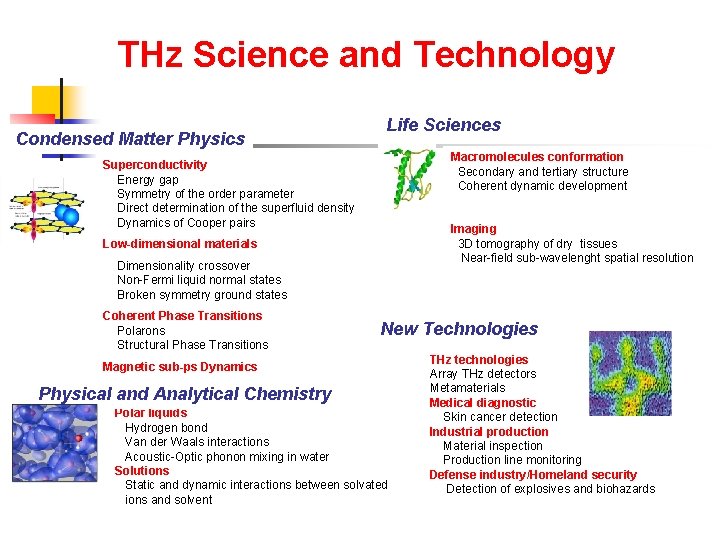 THz Science and Technology Condensed Matter Physics Life Sciences Macromolecules conformation Secondary and tertiary