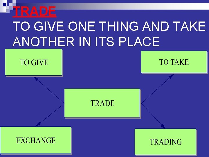 TRADE TO GIVE ONE THING AND TAKE ANOTHER IN ITS PLACE 