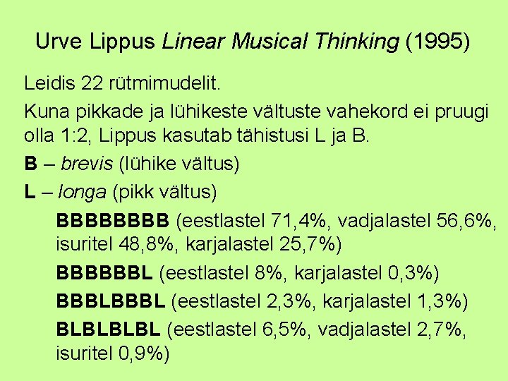 Urve Lippus Linear Musical Thinking (1995) Leidis 22 rütmimudelit. Kuna pikkade ja lühikeste vältuste