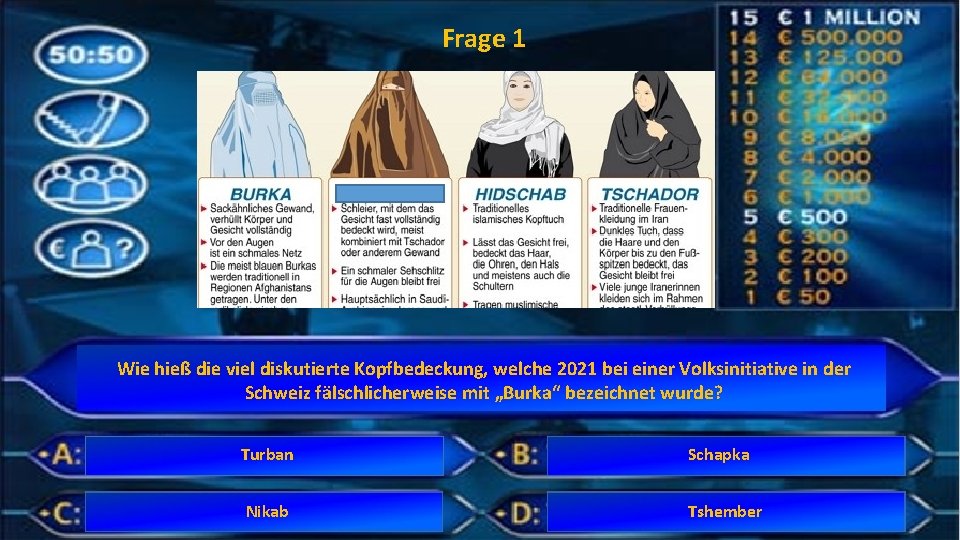 Frage 1 Wie hieß die viel diskutierte Kopfbedeckung, welche 2021 bei einer Volksinitiative in