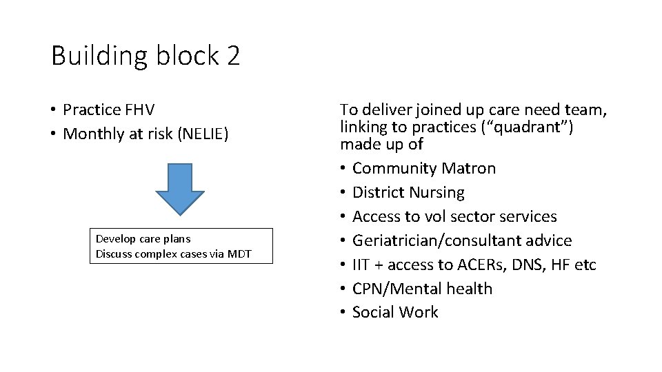 Building block 2 • Practice FHV • Monthly at risk (NELIE) Develop care plans