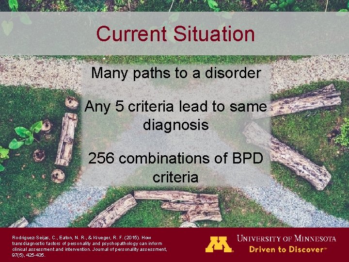 Current Situation Many paths to a disorder Any 5 criteria lead to same diagnosis