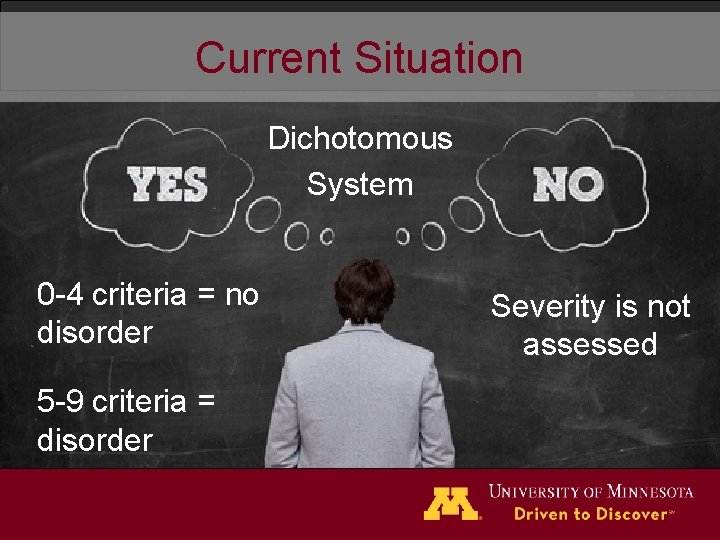 Current Situation Dichotomous System 0 -4 criteria = no disorder 5 -9 criteria =