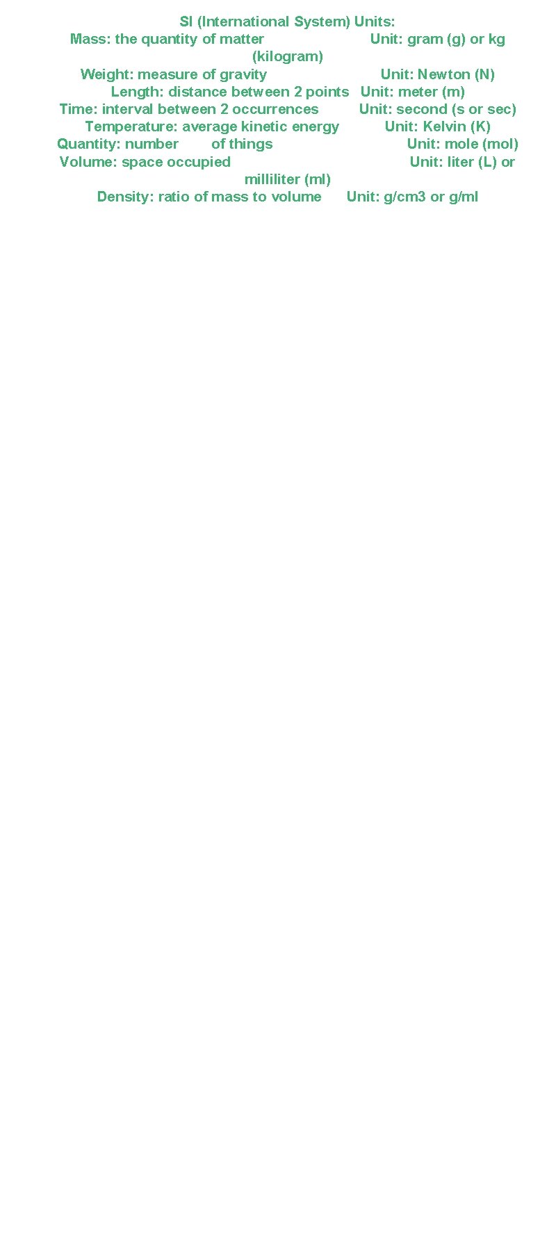 SI (International System) Units: Mass: the quantity of matter Unit: gram (g) or kg