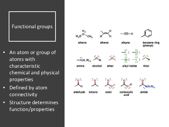 Functional groups • An atom or group of atoms with characteristic chemical and physical
