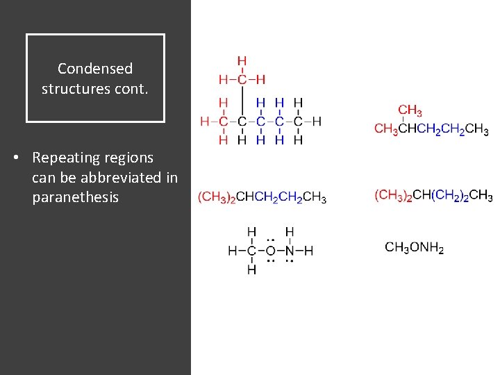 Condensed structures cont. • Repeating regions can be abbreviated in paranethesis 