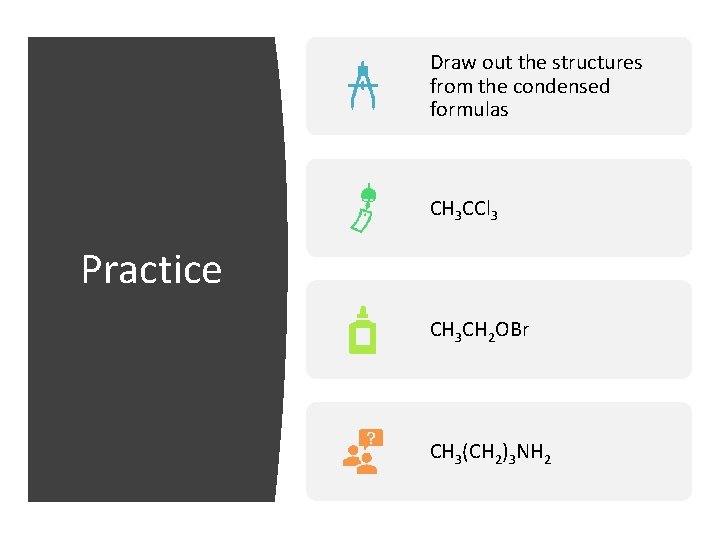 Draw out the structures from the condensed formulas CH 3 CCl 3 Practice CH