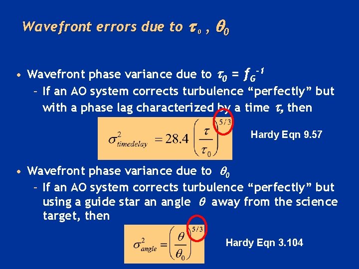 Wavefront errors due to 0 , 0 • Wavefront phase variance due to 0