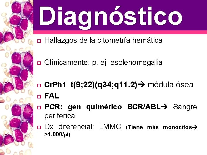 Diagnóstico Hallazgos de la citometría hemática Clínicamente: p. ej. esplenomegalia Cr. Ph 1 t(9;