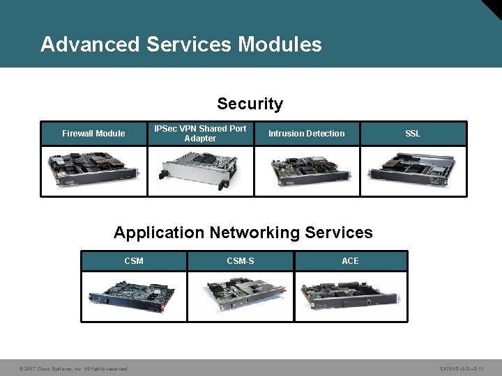 Advanced Services Modules Security Firewall Module IPSec VPN Shared Port Adapter Intrusion Detection SSL