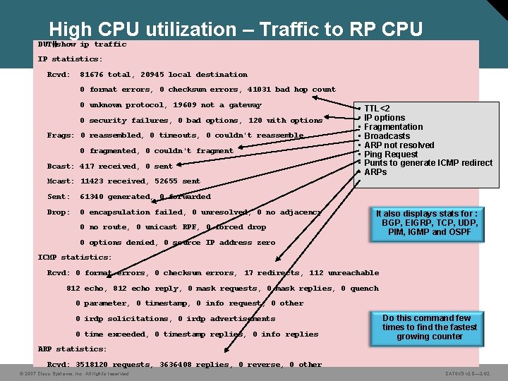 High CPU utilization – Traffic to RP CPU DUT#show ip traffic IP statistics: Rcvd: