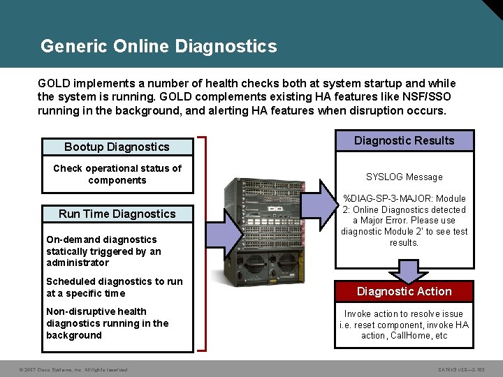 Generic Online Diagnostics GOLD implements a number of health checks both at system startup