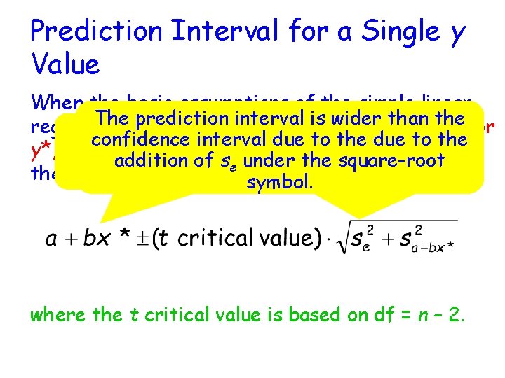 Prediction Interval for a Single y Value When the basic assumptions of the simple
