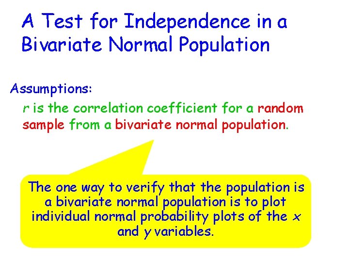 A Test for Independence in a Bivariate Normal Population Assumptions: r is the correlation