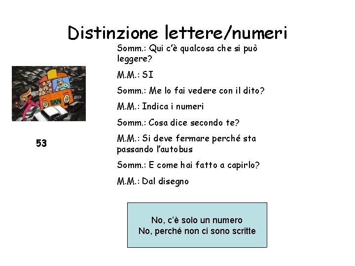 Distinzione lettere/numeri Somm. : Qui c’è qualcosa che si può leggere? M. M. :