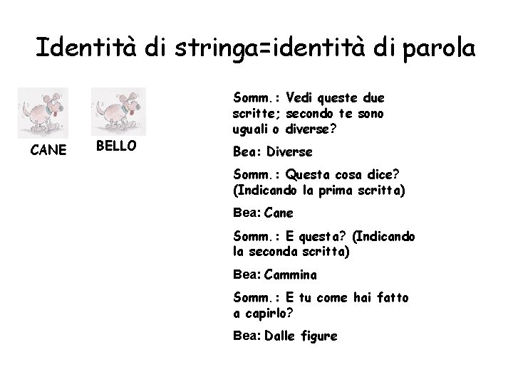 Identità di stringa=identità di parola CANE BELLO Somm. : Vedi queste due scritte; secondo