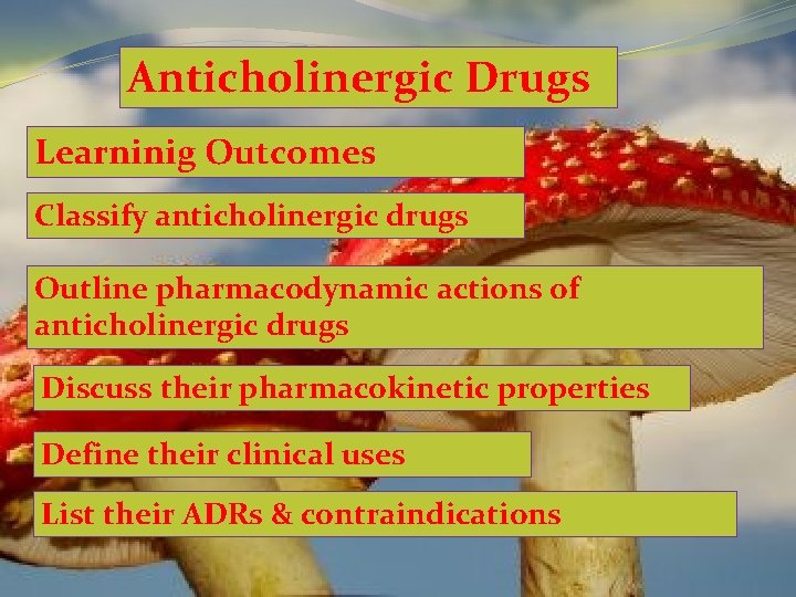 Anticholinergic Drugs Learninig Outcomes Classify anticholinergic drugs Outline pharmacodynamic actions of anticholinergic drugs Discuss