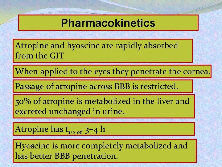 Pharmacokinetics Atropine and hyoscine are rapidly absorbed from the GIT When applied to the