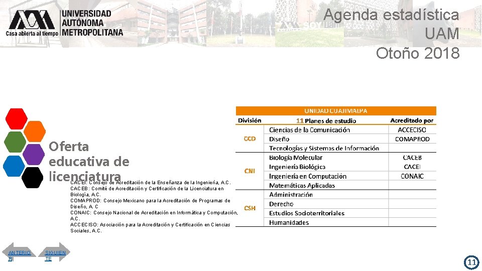 Agenda estadística UAM Otoño 2018 Oferta educativa de licenciatura CACEI: Consejo de Acreditación de