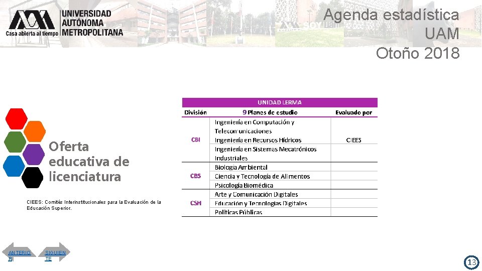 Agenda estadística UAM Otoño 2018 Oferta educativa de licenciatura CIEES: Comités Interinstitucionales para la