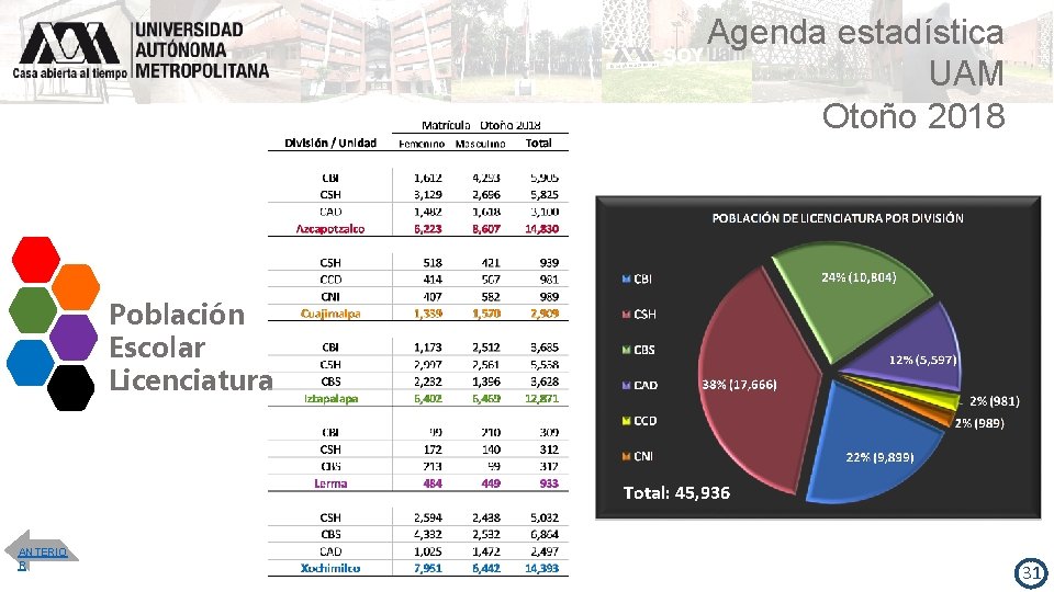 Agenda estadística UAM Otoño 2018 Población Escolar Licenciatura Total: 45, 936 ANTERIO R 31