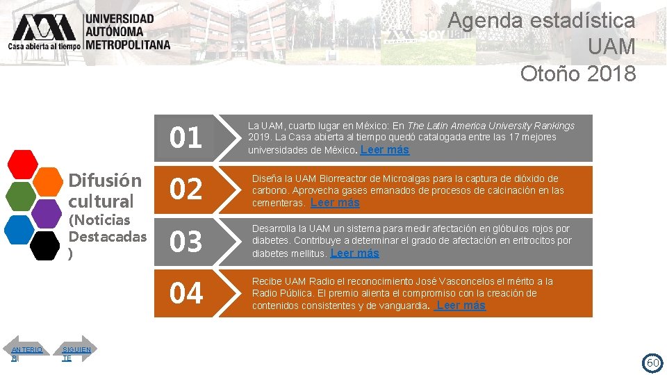 Agenda estadística UAM Otoño 2018 01 Difusión cultural (Noticias Destacadas ) ANTERIO R SIGUIEN