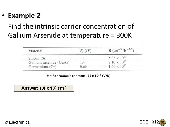  • Example 2 Find the intrinsic carrier concentration of Gallium Arsenide at temperature