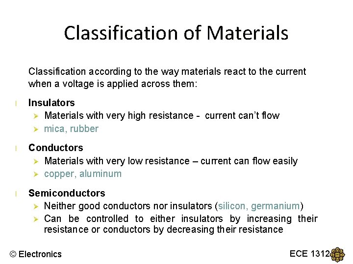 Classification of Materials Classification according to the way materials react to the current when