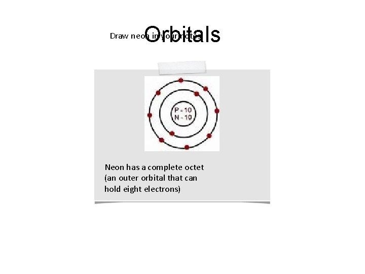 Orbitals Draw neon in your notes: Neon has a complete octet (an outer orbital