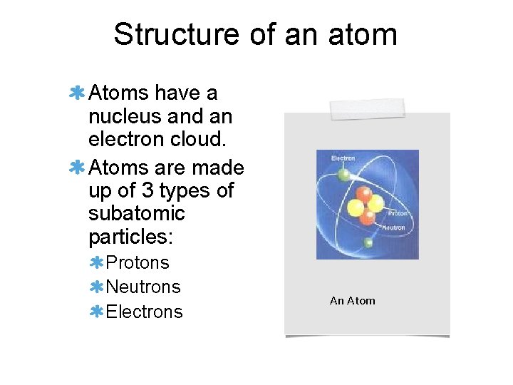 Structure of an atom Atoms have a nucleus and an electron cloud. Atoms are