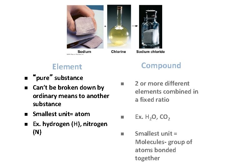 Compound Element n n “pure” substance Can’t be broken down by ordinary means to
