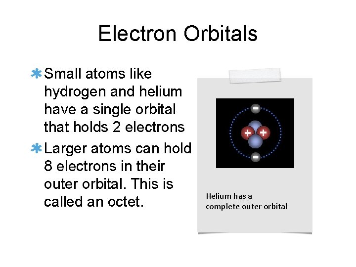 Electron Orbitals Small atoms like hydrogen and helium have a single orbital that holds